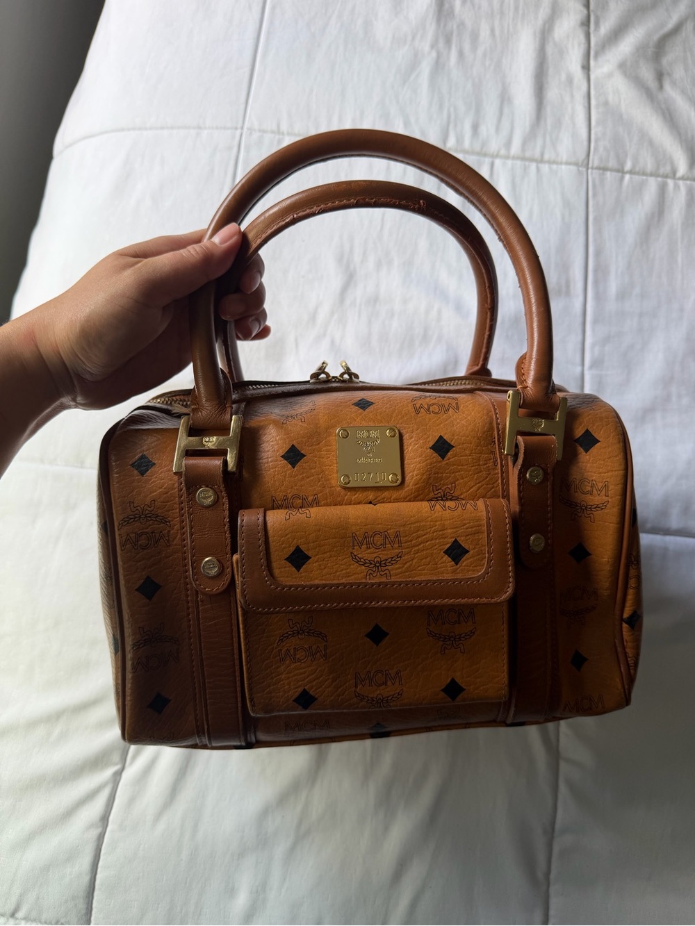 MCM Cognac Visetos Mini Satchel with Gold Hardware Bag